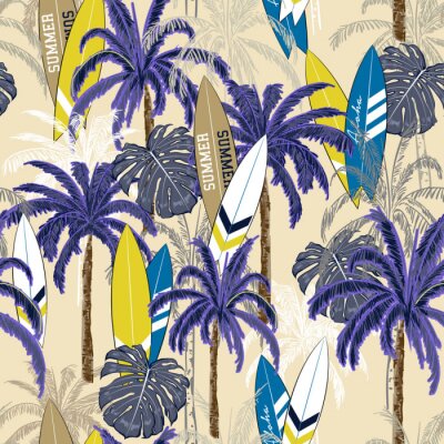 Belle main transparente dessin motif tropical avec palmier, été en mer transparente avec palmiers, feuilles des îles et planches de surf
