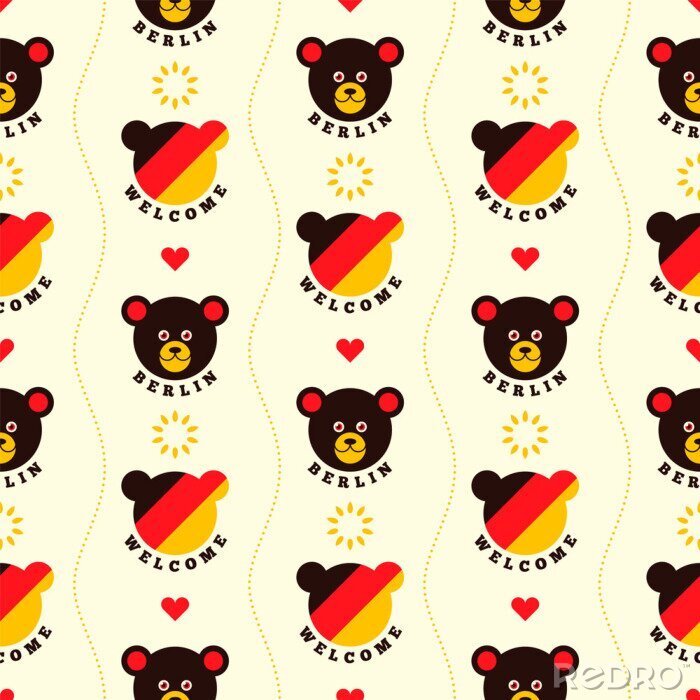 Papier peint à motif  Berlin seamless patterns design, with comic bear and colors of German flag. Vector illustration.