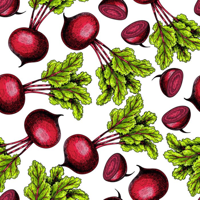 Papier peint à motif  Betteraves entières et en morceaux sur fond blanc