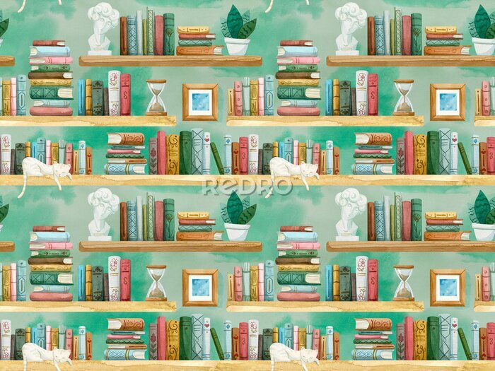 Papier peint à motif  Biblioth?ques et chats