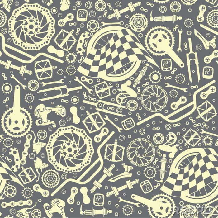 Papier peint à motif  Bicycle parts with a starting flag. Seamless pattern. Vector image.