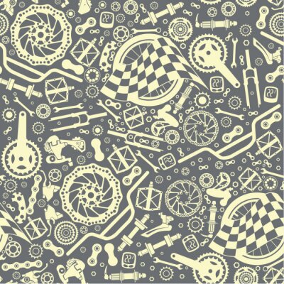Papier peint à motif  Bicycle parts with a starting flag. Seamless pattern. Vector image.