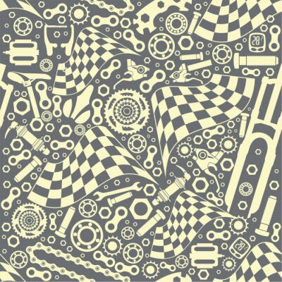 Papier peint à motif  Bicycle parts with a starting flag. Seamless pattern. Vector image.
