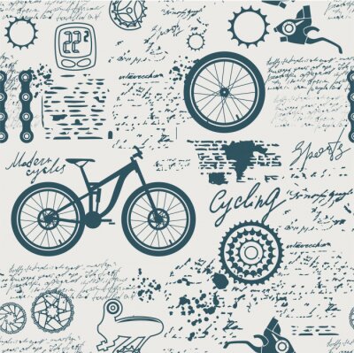 Papier peint à motif  Bicycles.Vector abstract seamless pattern on the theme of bikes, adventures and discoveries. Old manuscript with spare parts, and other symbols with blots and stains in vintage style.