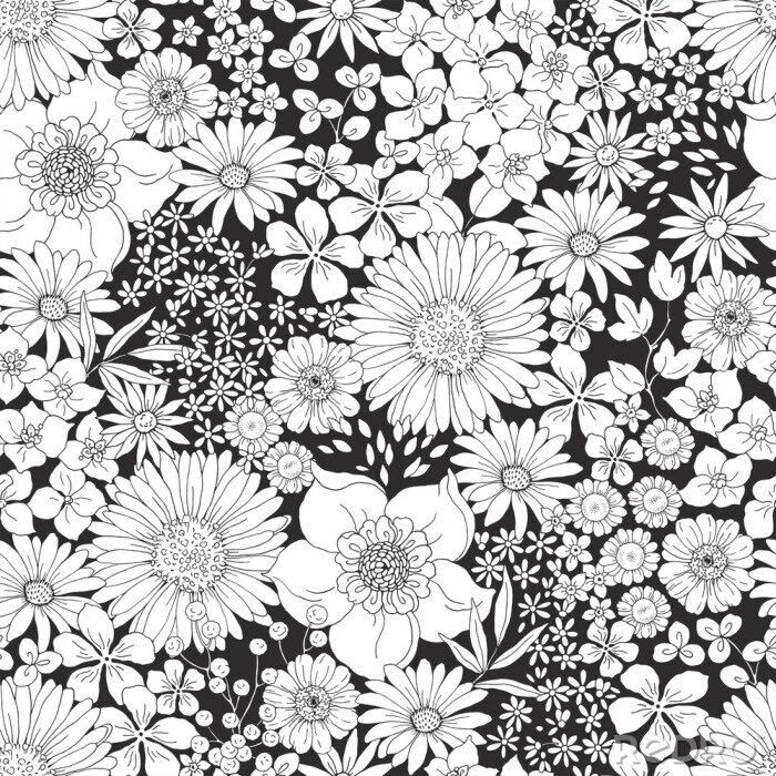 Papier peint à motif  Black and white floral pattern with big and small flowers. Hand drawn vector illustration in vintage style.