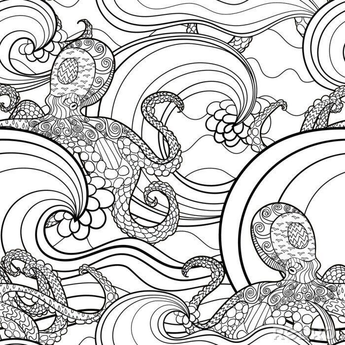 Papier peint à motif  Black and white seamles oceanic pattern for coloring.