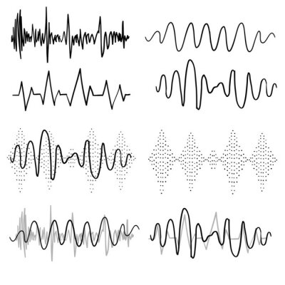 Papier peint à motif  Black sound waves. Music audio frequency, voice line waveform, electronic radio signal, volume level symbol handdrawn doodle vector