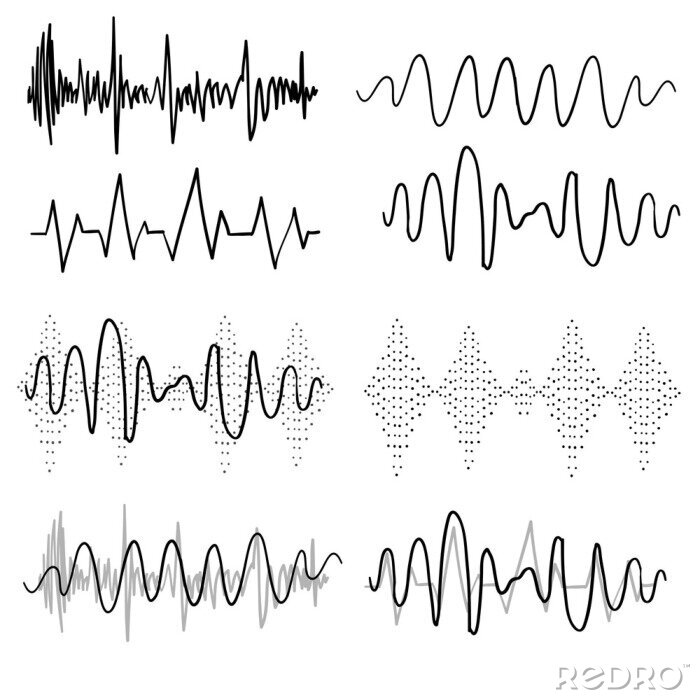 Papier peint à motif  Black sound waves. Music audio frequency, voice line waveform, electronic radio signal, volume level symbol handdrawn doodle vector