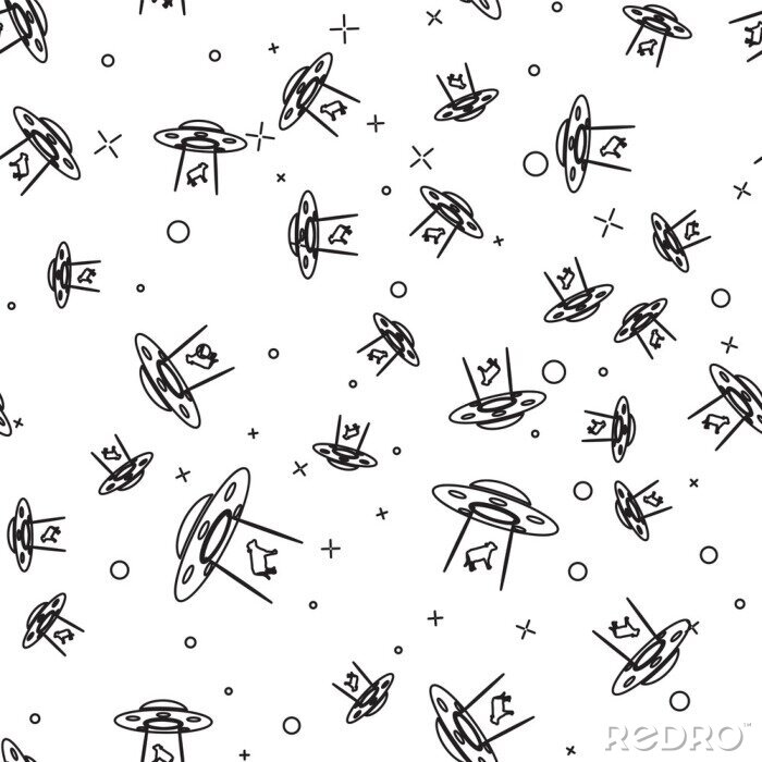 Papier peint à motif  Black UFO abducts cow icon isolated seamless pattern on white background. Flying saucer. Alien space ship. Futuristic unknown flying object. Vector Illustration