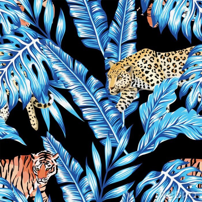 Papier peint à motif  Bleu, banane, feuilles, tigre, léopard, seamless, noir, fond