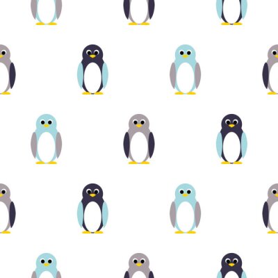 Papier peint à motif  Bleu de pingouin, pourpre sur le modèle blanc d'enfant. Bébé, pingouin, jouet, vecteur, seamless, modèle, tissu, impression, habillement