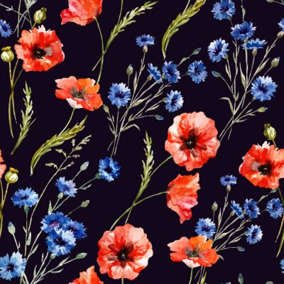 Papier peint à motif  Bleuets et coquelicots avec un arrière-plan