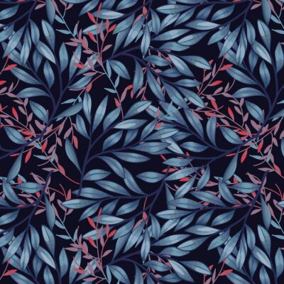 Papier peint à motif  Blue and red leaves on dark background pattern