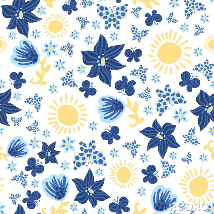 Papier peint à motif  Blue flowers, butterflies and yellow suns seamless vector pattern on a white background. Decorative summertime surface print design. For fabrics, greeting cards, wrapping paper, and packaging.