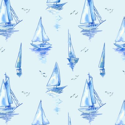 Papier peint à motif  Blue sailboats. Vector pattern with boats in watercolor style