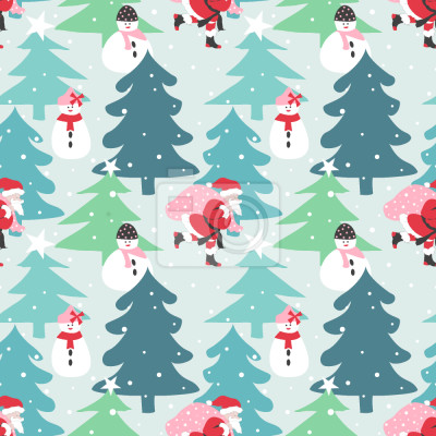 Papier peint à motif  Bonhommes de neige mignons au milieu de la forêt