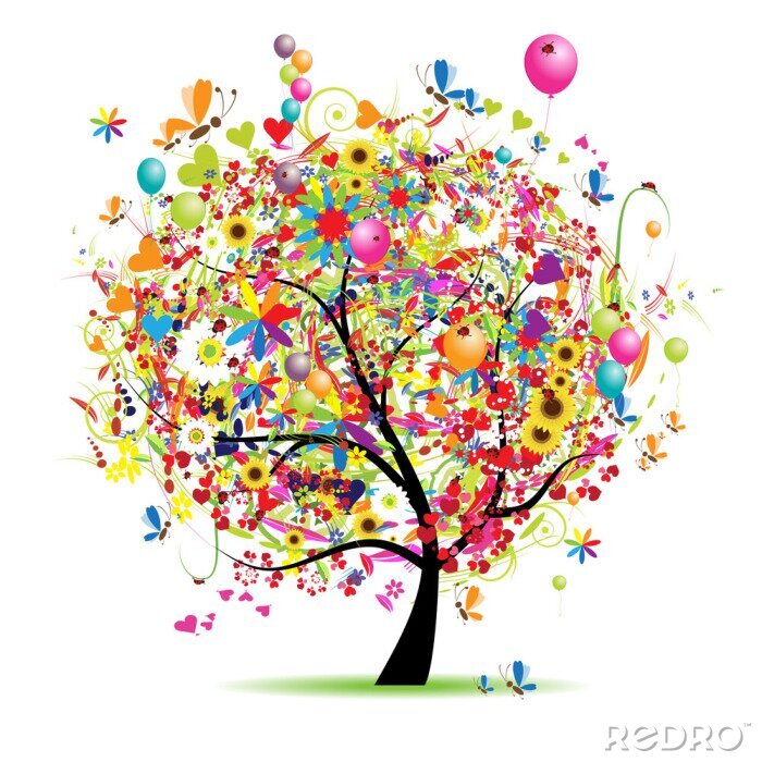 Papier peint à motif  Bonne vacances, arbre drôle avec des ballons