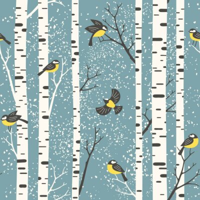 Papier peint à motif  Bouleaux enneigés et oiseaux sur fond bleu clair. Modèle vectorielle continue. Parfait pour le tissu, le papier peint, le papier cadeau ou les cartes postales.