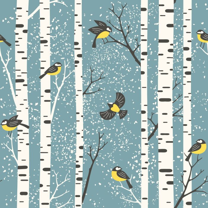 Papier peint à motif  Bouleaux enneigés et oiseaux sur fond bleu clair. Modèle vectorielle continue. Parfait pour le tissu, le papier peint, le papier cadeau ou les cartes postales.