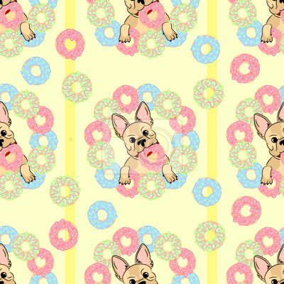 Papier peint à motif  Bouledogues français et beignets colorés