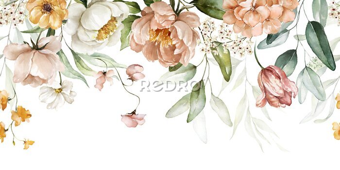 Papier peint à motif  Bouquet border - green leaves and blush pink flowers on white background. Watercolor hand painted seamless border. Floral illustration. Foliage pattern.