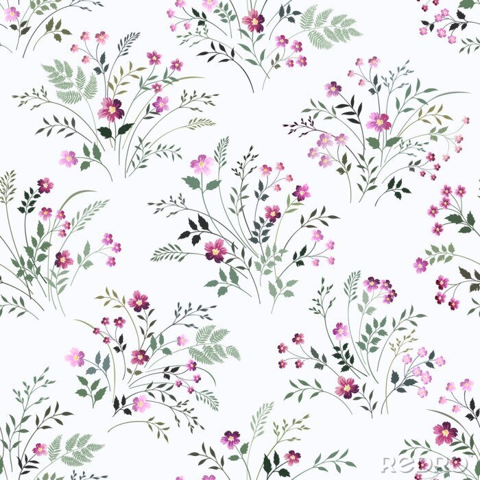 Papier peint à motif  Bouquets de fleurs sauvages sur fond blanc