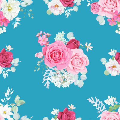 Papier peint à motif  Bouquets de fleurs shabby chic sur fond bleu
