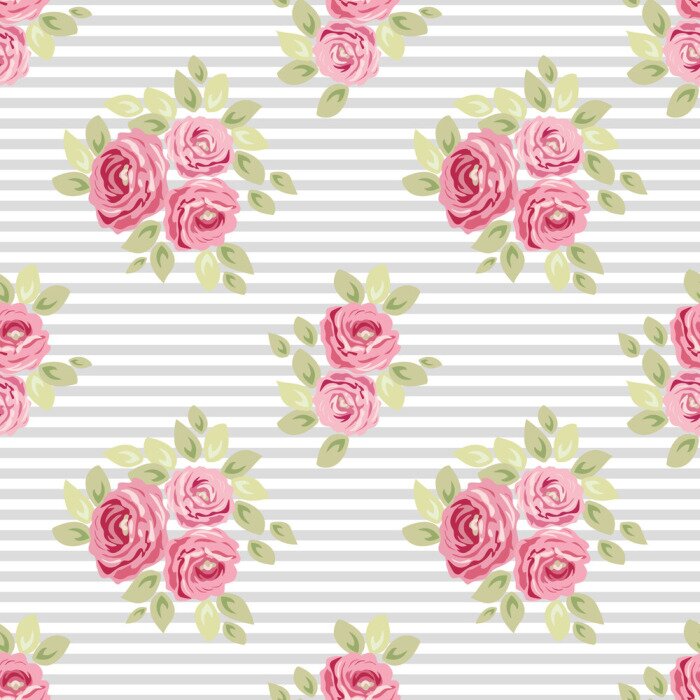 Papier peint à motif  Bouquets de roses de style minable sur fond rayé