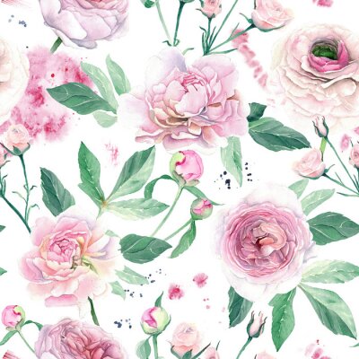 Papier peint à motif  Bourgeons de pivoine rose et fleurs ouvertes