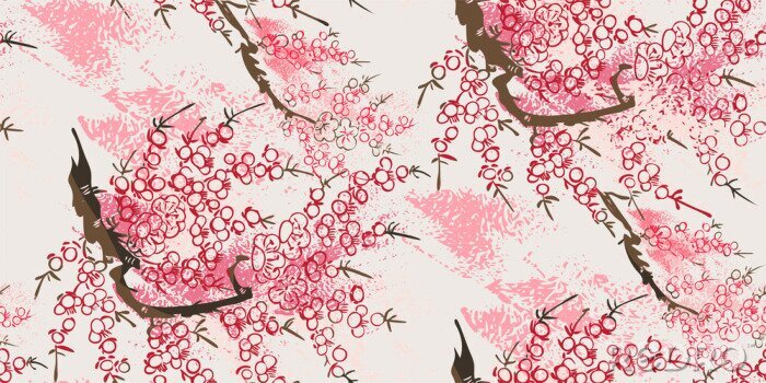 Papier peint à motif  Branche orientale japonaise avec des fleurs roses