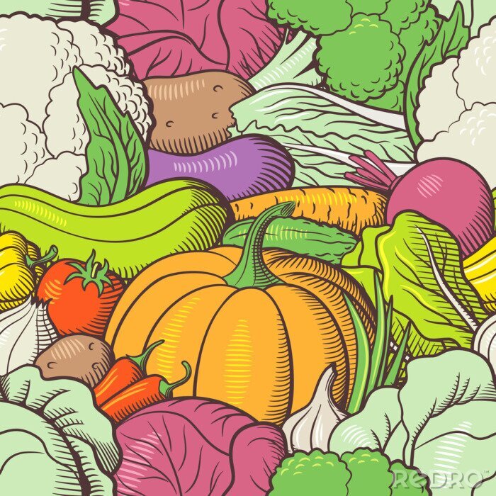 Papier peint à motif  Brassica coloré graphique et légumes tubéreux