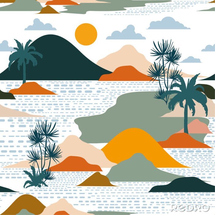 Papier peint à motif  Bright and colorful silhouette of island , palm tree,beach,mountain on modern paper cut style seamless pattern vector design for fashion,fabric,and all prints