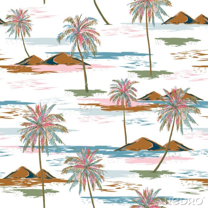 Papier peint à motif  Bright and trendy Aloha monotone blue seamless island pattern vector. Landscape with palm trees,beach and ocean vector hand drawn style