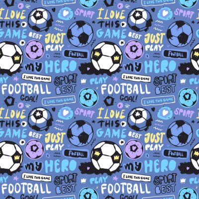 Papier peint à motif  Bright multi-colored seamless pattern with soccer ball and lettering for children. Sports background for textiles. Football wallpapers for a boy. Grunge ball, doodle star, heart, crown..