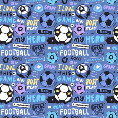 Papier peint à motif  Bright multi-colored seamless pattern with soccer ball and lettering for children. Sports background for textiles. Football wallpapers for a boy. Grunge ball, doodle star, heart, crown..