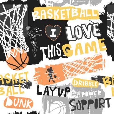 Papier peint à motif  Bright seamless pattern for basketball. Hand drawing sport print, background, typography slogan. Print design for T-shirts, clothes, banners, flyers. Sketch, grunge style.