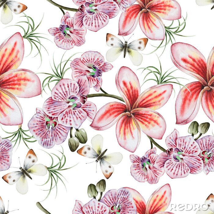 Papier peint à motif  Bright seamless pattern with flowers. Plumeria. Orchid. Butterfly.  Watercolor illustration.