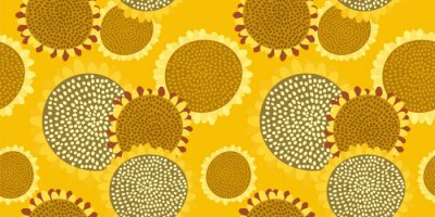 Papier peint à motif  Bright seamless pattern with sunflowers on a rich yellow background. Abstract floral print in hand-drawn style. Excellent design for fabrics, Wallpaper, sunflower oil packaging, health food...Vector.