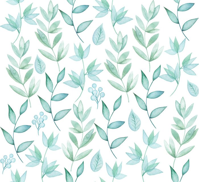 Papier peint à motif  Brindilles aquarelles bleues