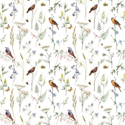 Papier peint à motif  Brindilles avec fleurs pastel et oiseaux