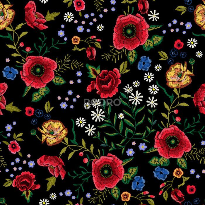 Papier peint à motif  Broderie traditionnelle modèle sans couture avec coquelicots rouges et roses.