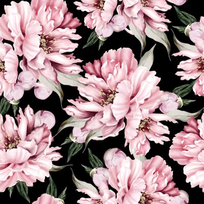 Papier peint à motif  Buisson dense de pivoine sur un fond foncé