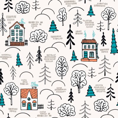 Papier peint à motif  Cabanes rurales dans la forêt