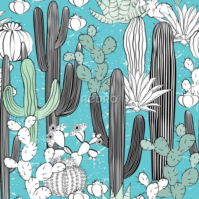 Papier peint à motif  Cactus abstraits sur fond bleu