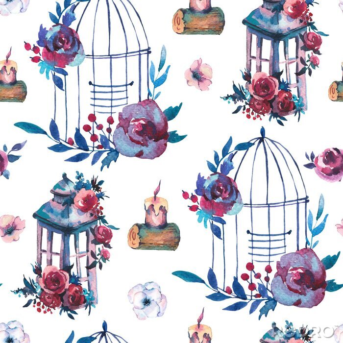 Papier peint à motif  Cages à oiseaux avec fleurs et bougies