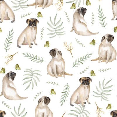 Papier peint à motif  Carlins à l’aquarelle avec des papillons