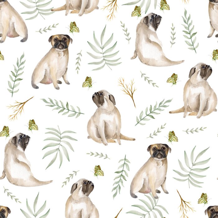 Papier peint à motif  Carlins à l’aquarelle avec des papillons