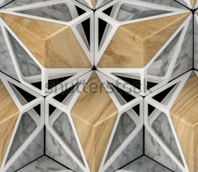 Papier peint à motif  Carreaux 3d en bois écologique avec éléments en métal blanc et marbre blanc. Matériau bois chêne. Texture réaliste transparente de haute qualité.