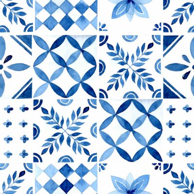 Papier peint à motif  Carreaux d'azulejos bleu aquarelle