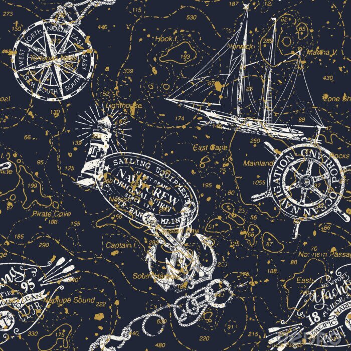 Papier peint à motif  Carte nautique vintage grunge avec insignes marins et modèle sans couture de vecteur éléments